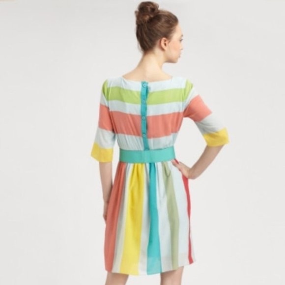 ALICE + OLIVIA Anita Silk Pastel Stripe Dress Retro Blouson Button Back Medium - Picture 9 of 16